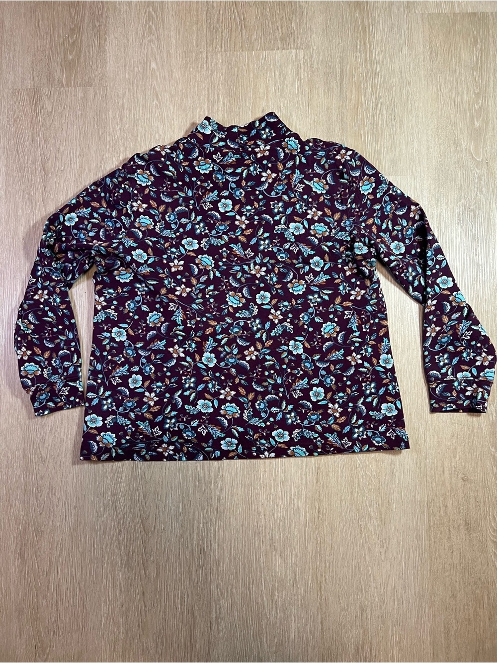Lands’ End Floral Mock Neck Top in Teal & Burgundy